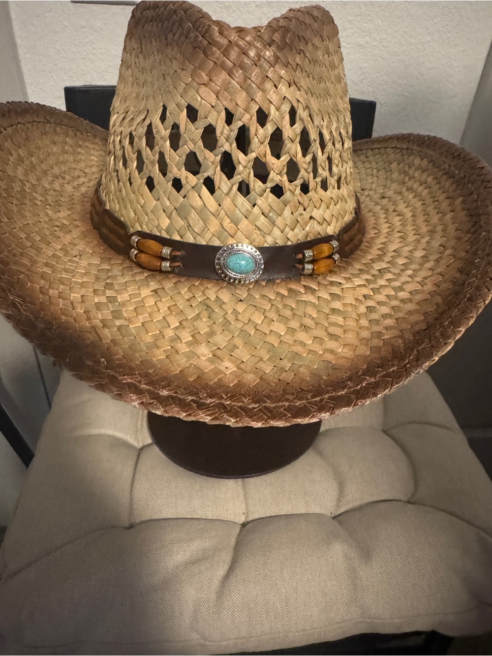 Straw Western Cowgirl Hat with Turquoise Concho